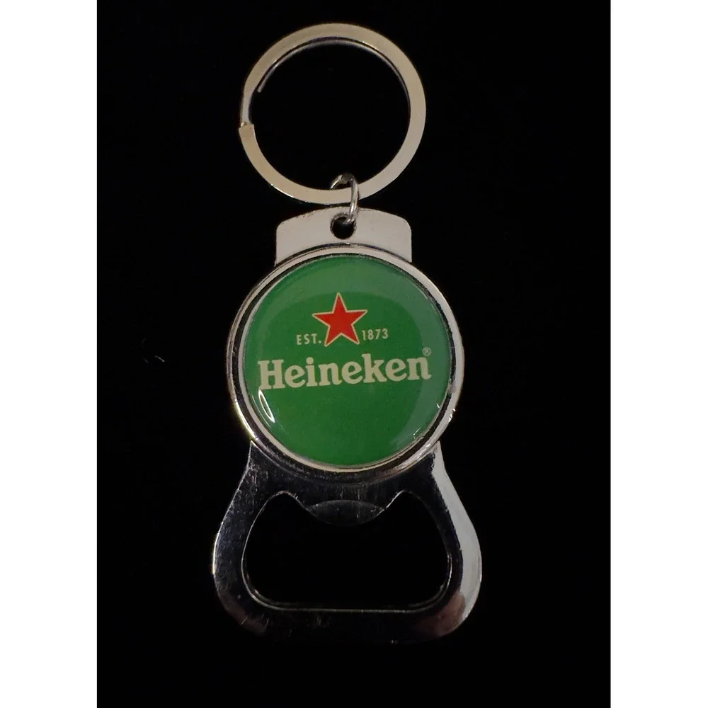 Heineken Beer Bottle Opener Keychain Silver Tone Metal Green Logo Red Star 3.75